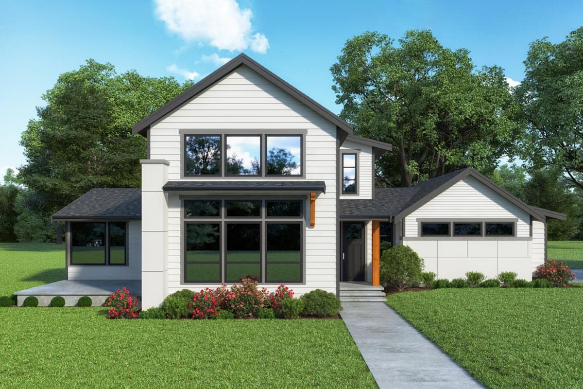 House plan exterior. Two-story Modern Farmhouse with gabled rooflines, large windows, and a covered entry. Includes a detached garage.