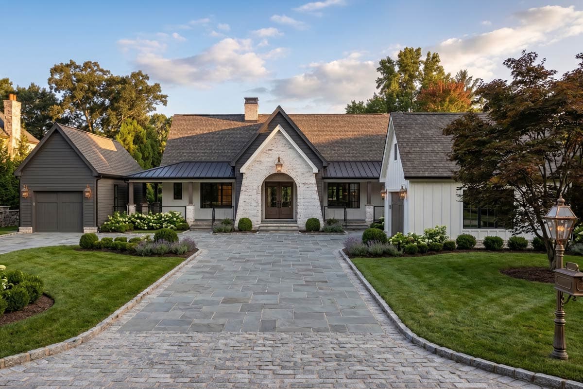 House plan exterior of a Modern Farmhouse with a gabled entrance, white brick, dark siding garage, and metal rooflines.