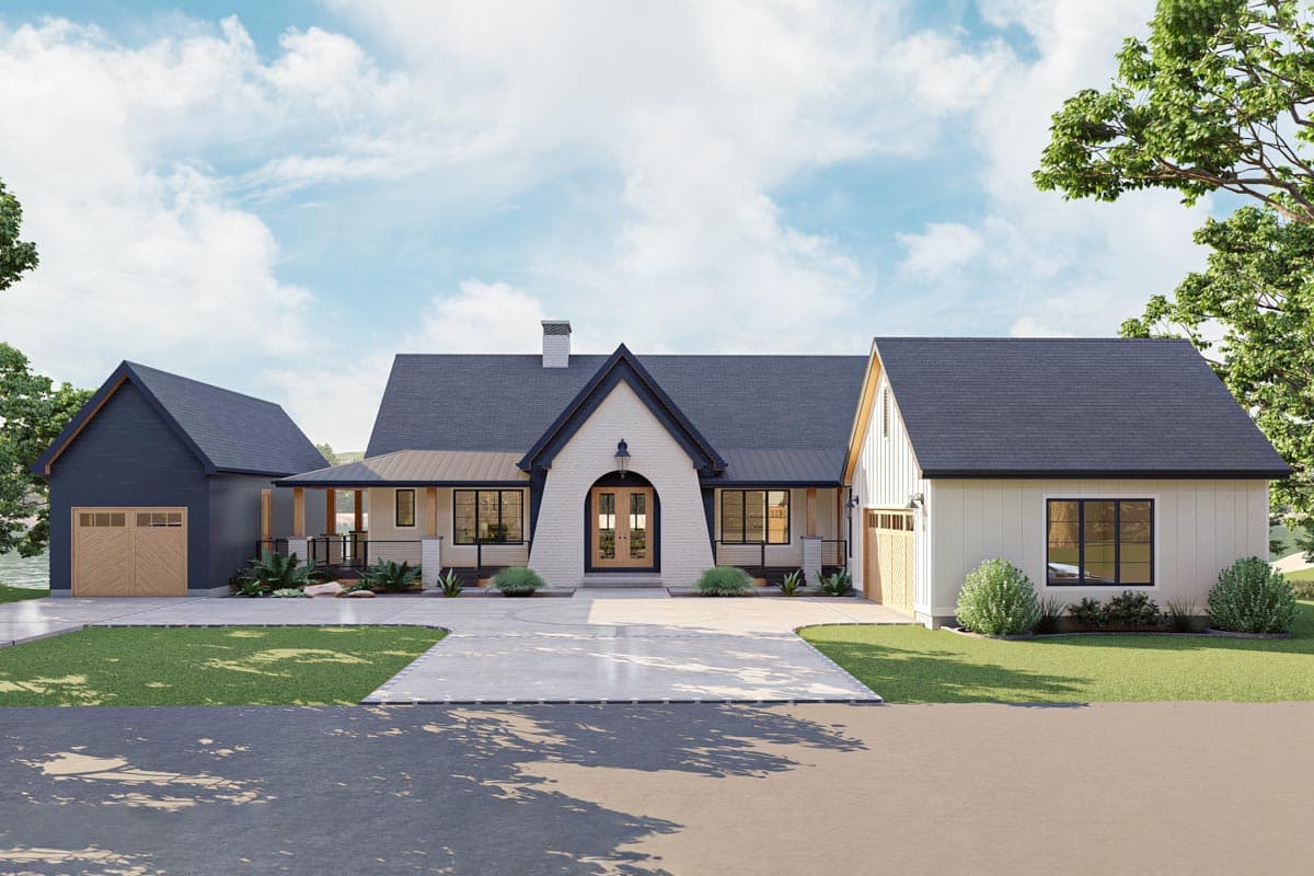House plan exterior. Modern Farmhouse with gabled rooflines, covered porch, and attached garage. Includes dormers and a brick facade.