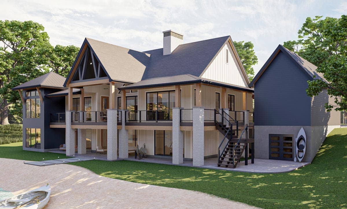 House plan exterior showing a multi-story modern home with a prominent A-frame gable, balconies, large windows, and attached garage.