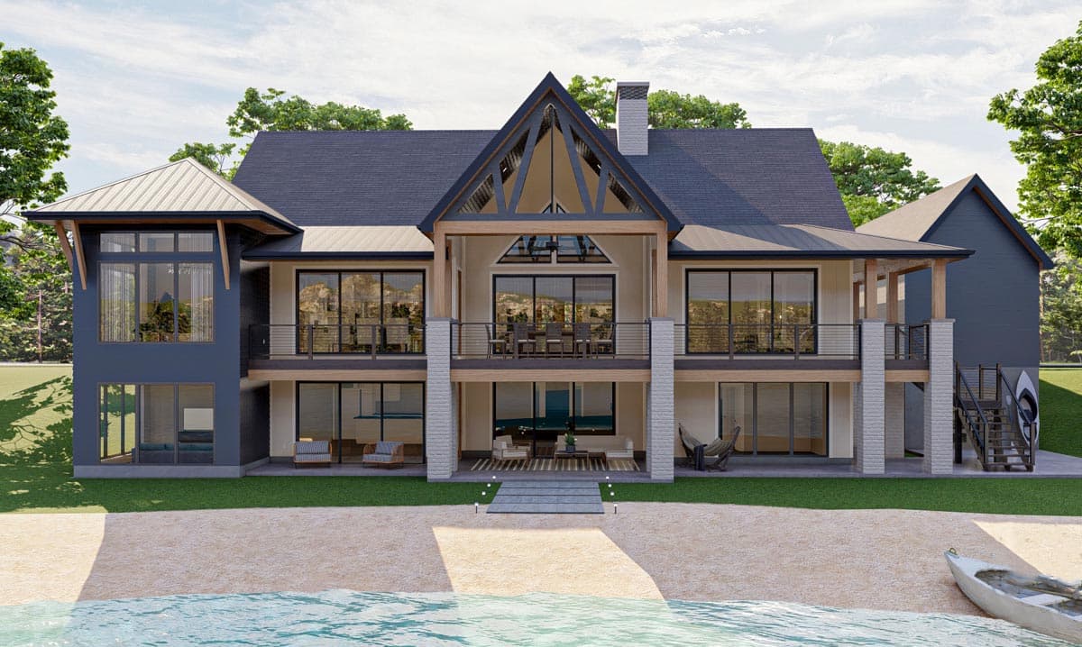 Modern house plan exterior, two stories, featuring prominent gables, large windows, balconies, and an attached garage.