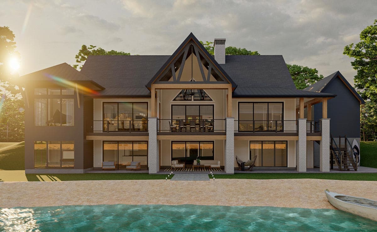 Modern house plan exterior with multiple balconies, large windows, gabled entry, and two stories. Features wood and stone accents.