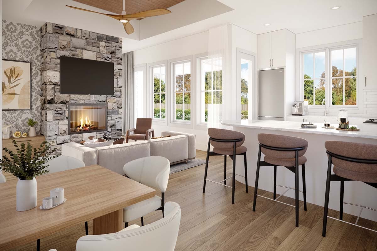 Rendering of an open-concept living and kitchen area with stone fireplace, island with bar stools, dining table, and large windows.