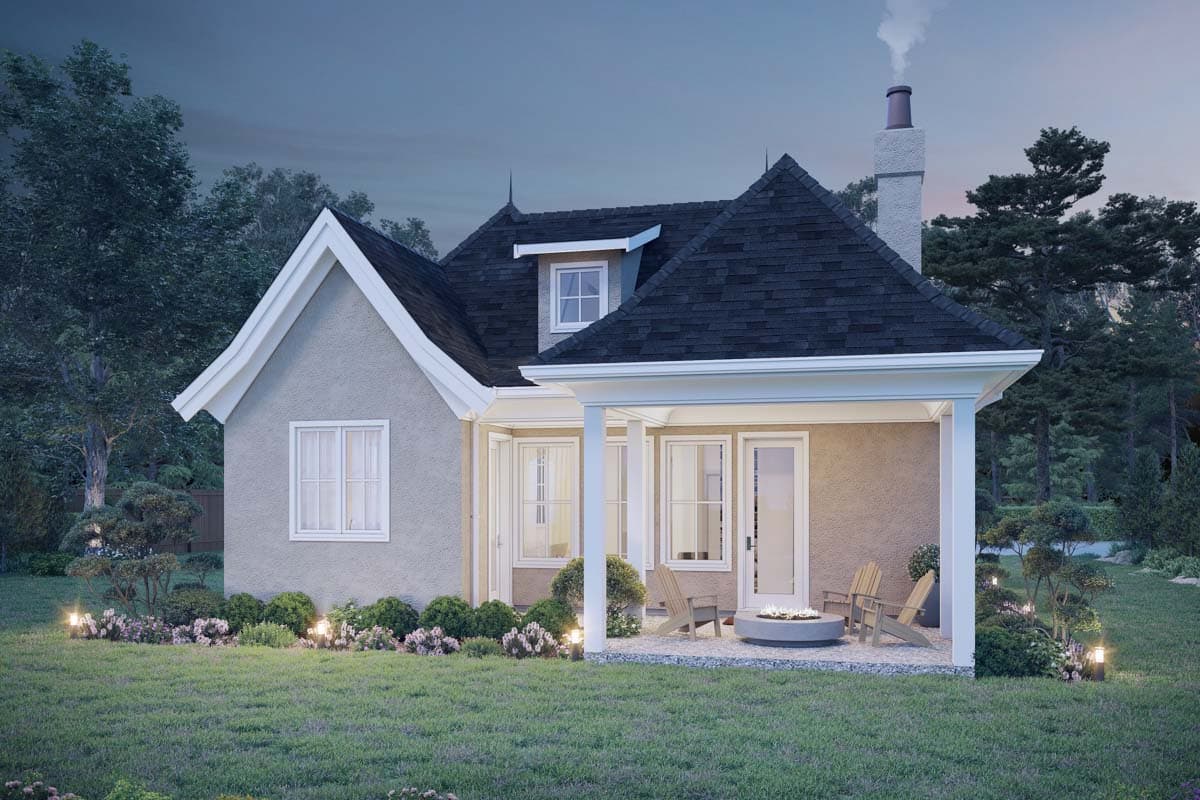 House plan exterior: one-story stucco home with a prominent gable, dormer, covered porch, and chimney.