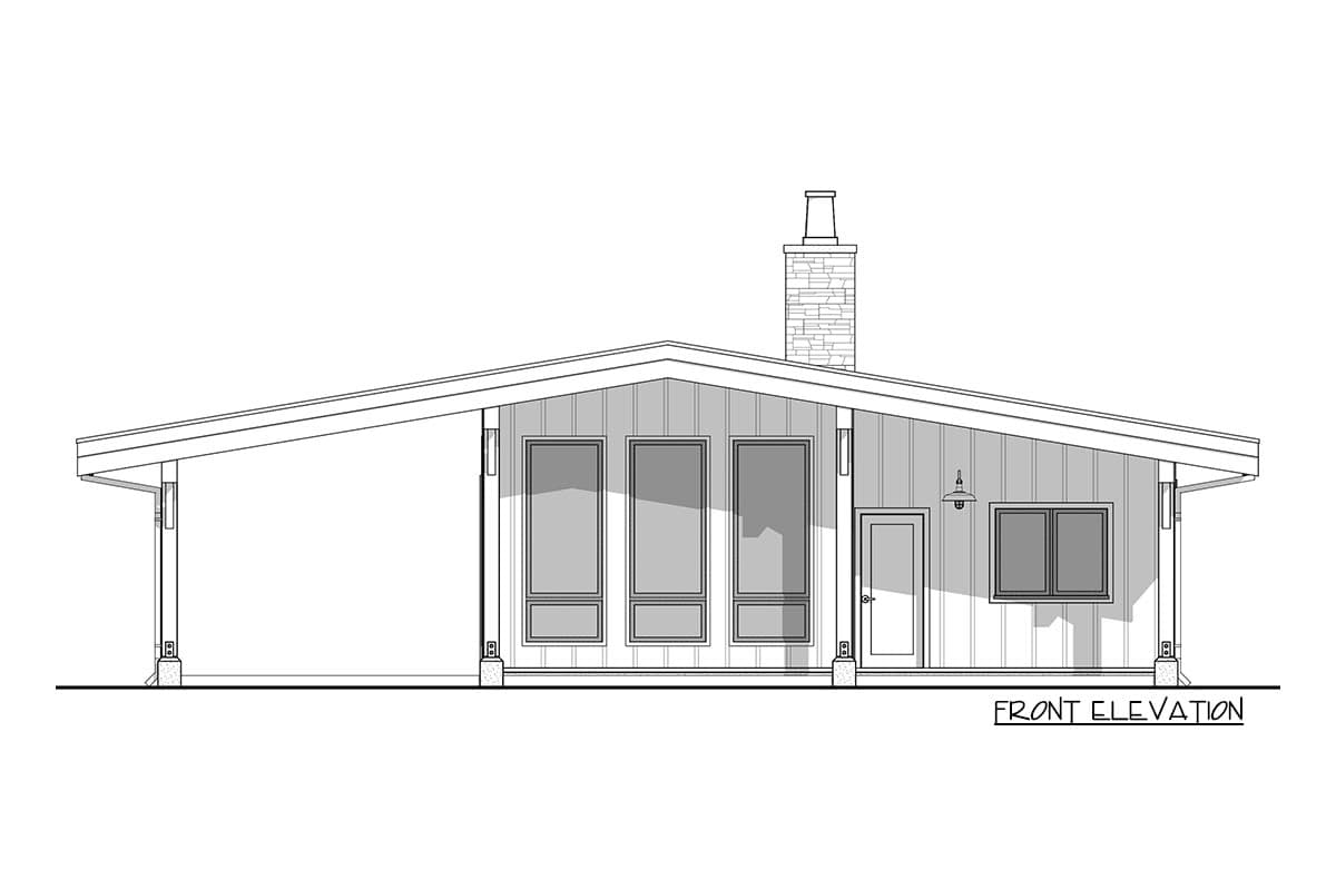 Front elevation of a single-story house plan with a low-slope roof, large windows, covered porch, and stone chimney.