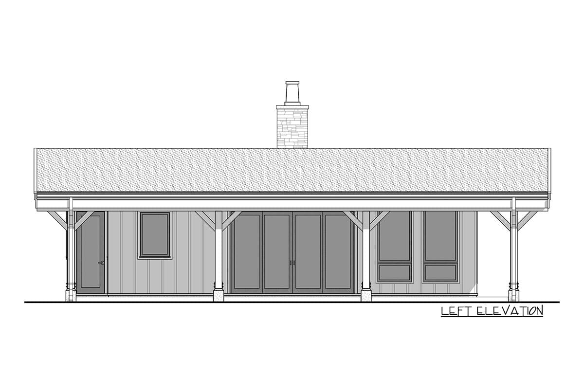 Left elevation house plan: single-story, covered porch with exposed beams, gable roof, stone chimney, and multiple large windows.
