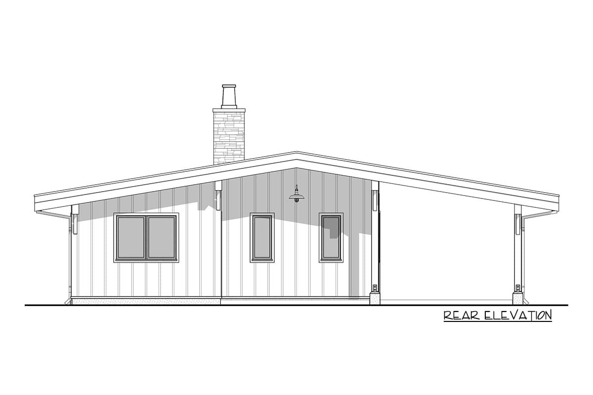 Rear elevation drawing of a single-story house plan featuring a prominent stone chimney and a covered porch.