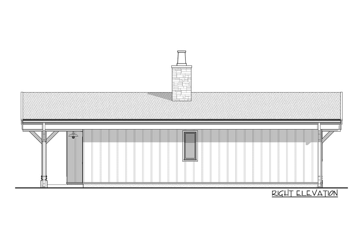 House plan right elevation showing a shed roof, gabled dormer, chimney, and covered porch.