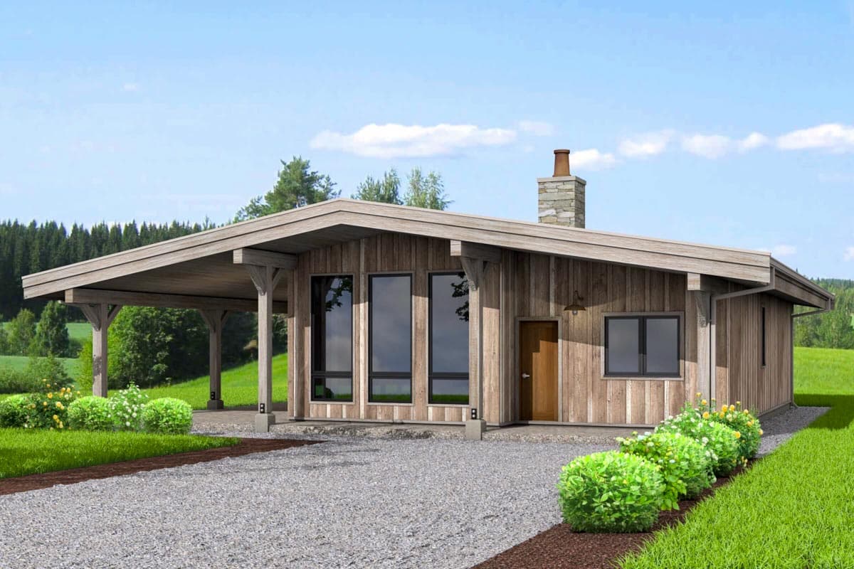 House plan exterior. Single-story, modern home with a covered porch, board and batten siding, and a stone chimney.