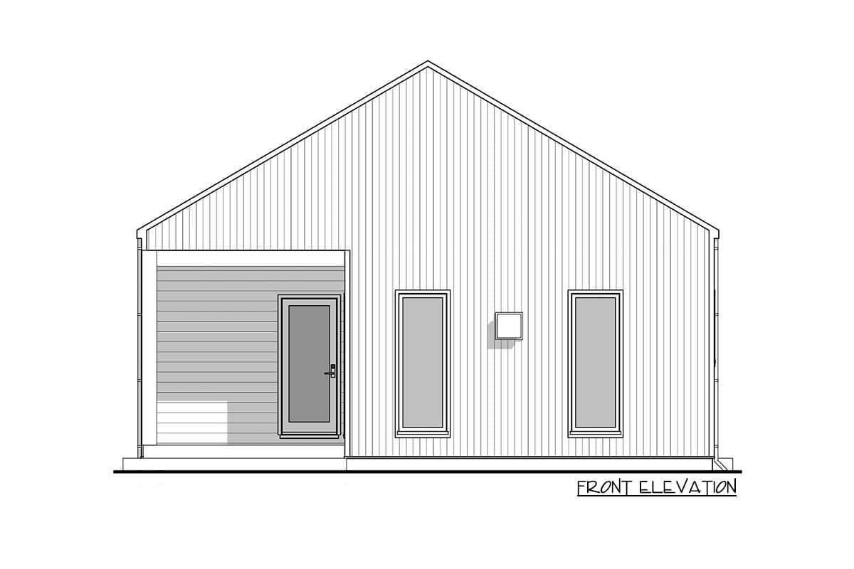 Front elevation house plan showing a modern design with a covered entry, vertical siding, and three tall windows.