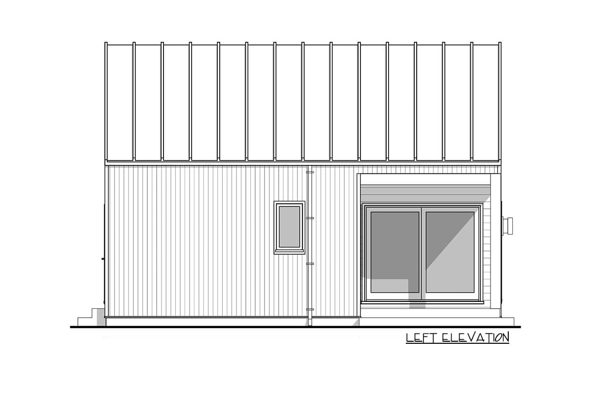 Left elevation drawing of a house with vertical siding, a small window, and a large sliding glass door.