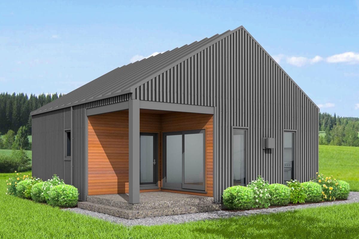 House plan exterior. Modern style with a single gable roof, covered porch, and metal siding. One story with a shed-style roof over entry.