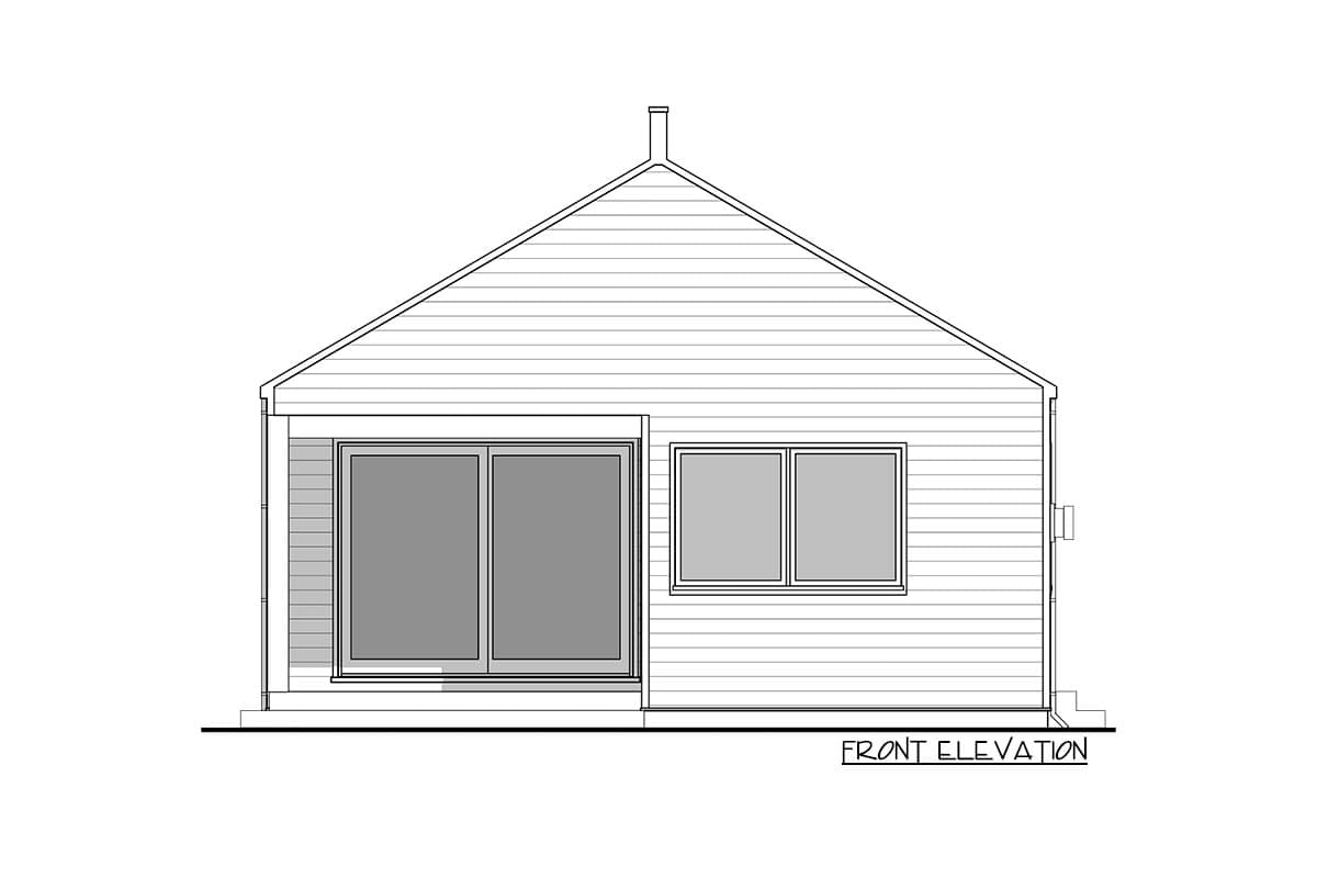 Front elevation drawing of a house plan with horizontal siding, gabled roof, chimney, and large sliding glass doors.