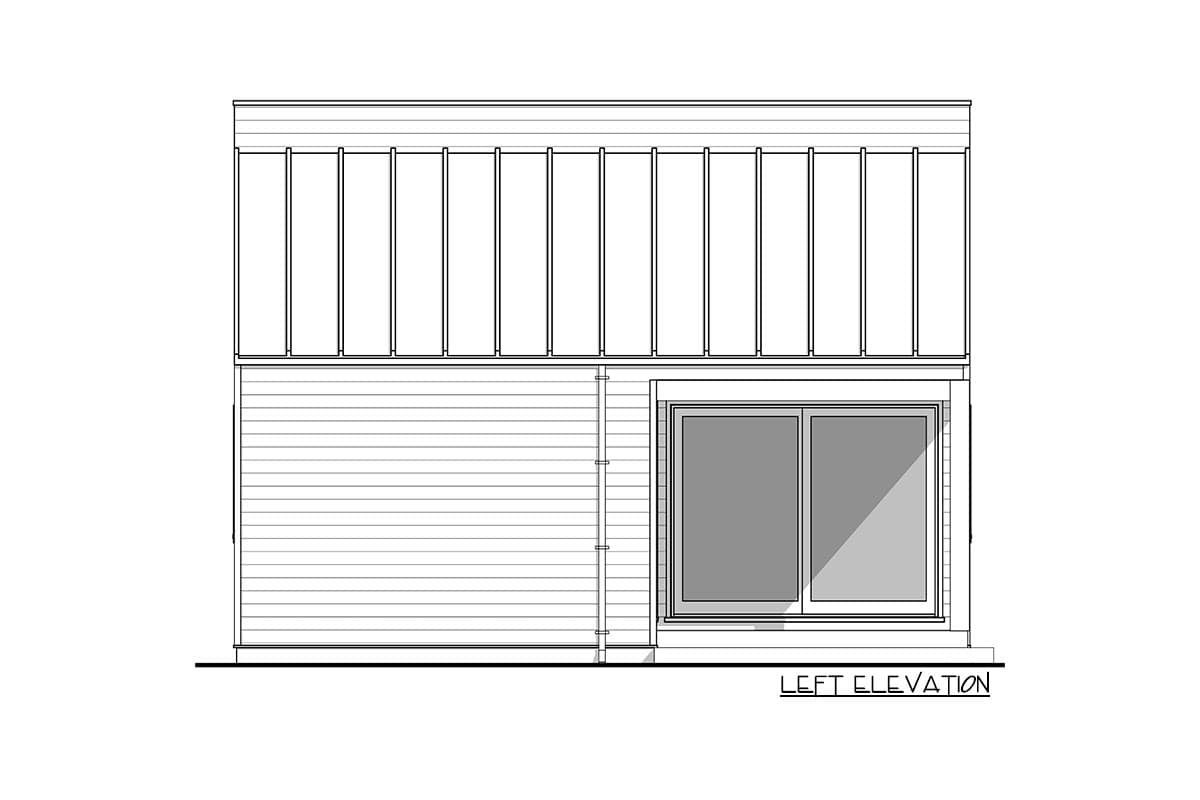 Left elevation drawing of a two-story house plan with horizontal siding and vertical standing seam metal roof.