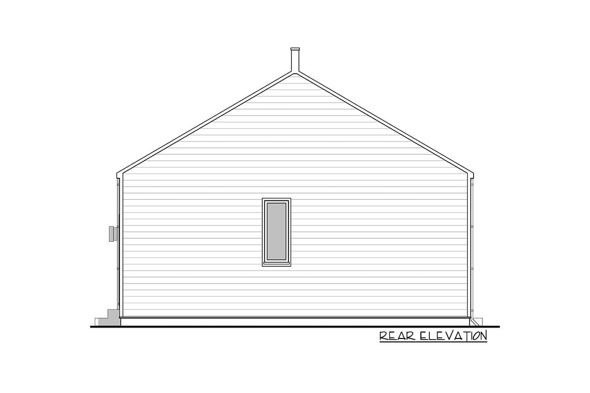 Rear elevation of a house plan, showing a gable roof, a single window, and a chimney.