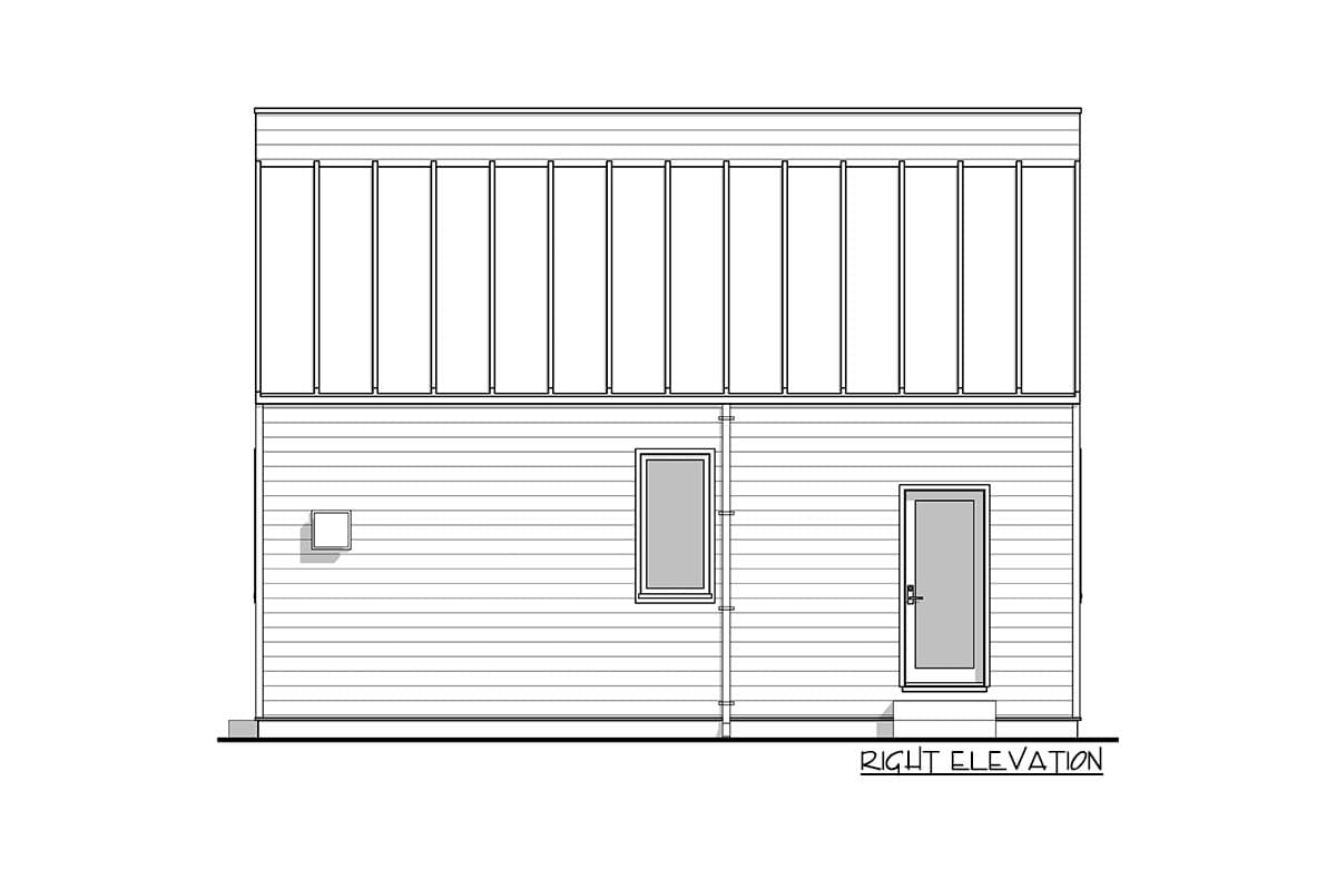 Right elevation drawing of a two-story house plan with horizontal siding on the first floor and vertical paneling on the second.