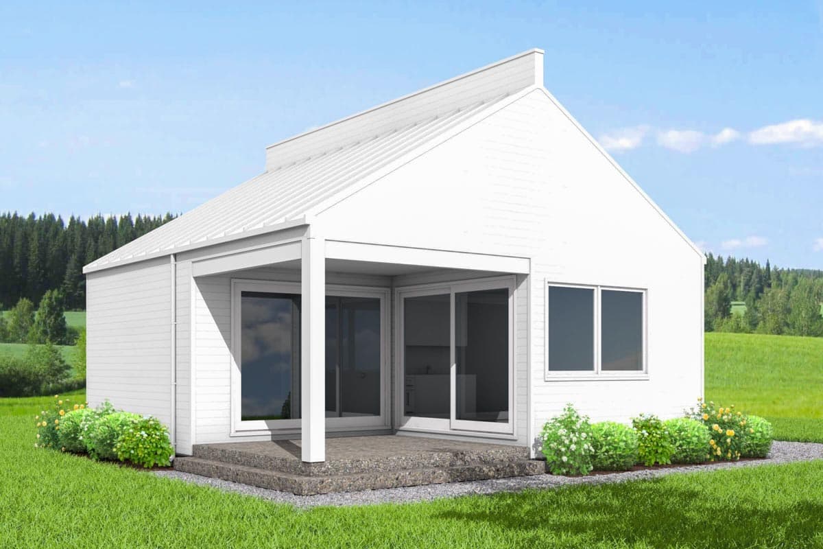 House plan exterior. Modern style with one story. Features include a gable roof, covered porch, and sliding glass doors.