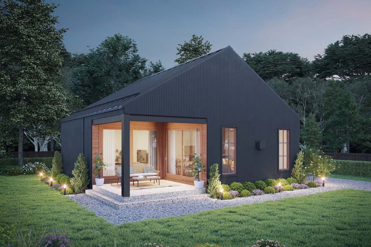 Modern house plan exterior with dark corrugated siding, gabled roof, covered porch, and large glass doors.