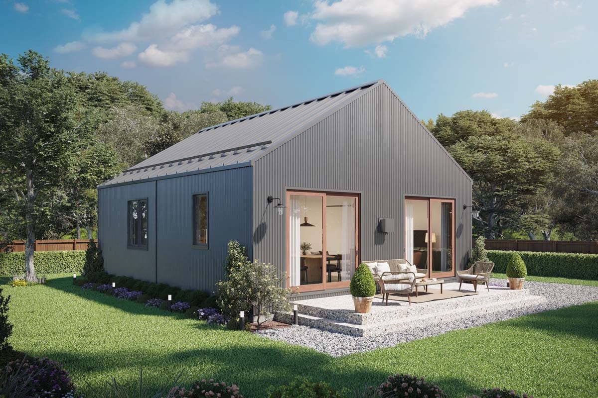 House plan exterior. Modern style, one story, with a gable roof, sliding glass doors, and a small patio area.