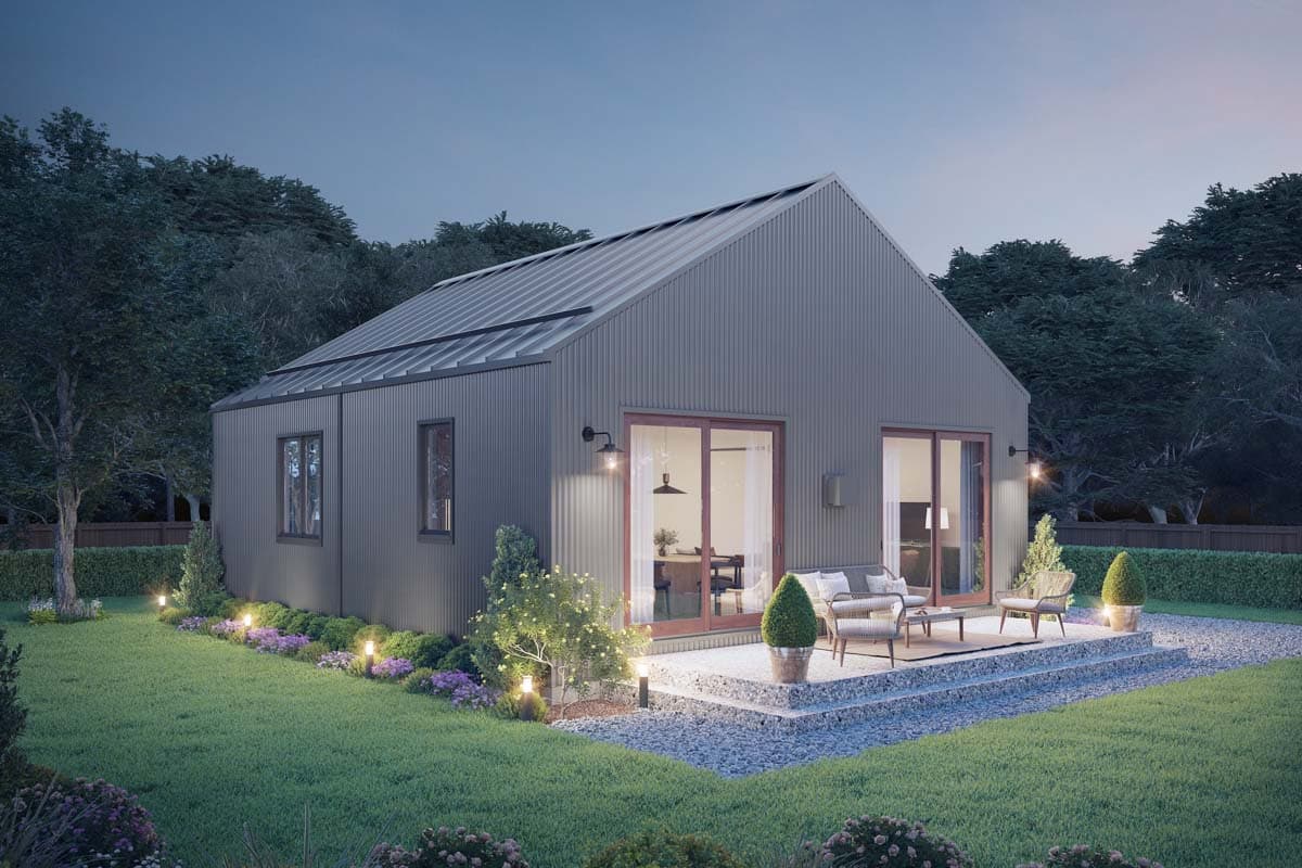 House plan exterior: Modern single-story home with standing seam metal roof, sliding glass doors, and a patio.