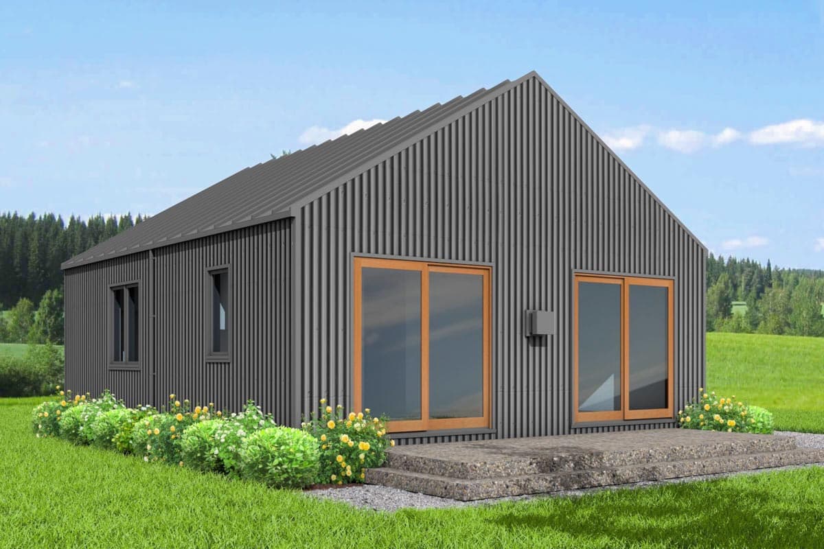 Modern house plan exterior with vertical metal siding, gable roof, large sliding glass doors, and multiple windows.