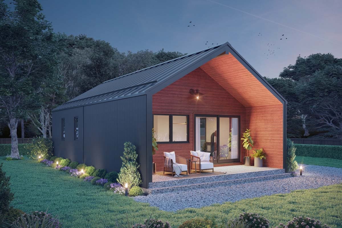 House plan exterior with a single story, a metal gable roof, wood-clad facade, and a covered patio area.