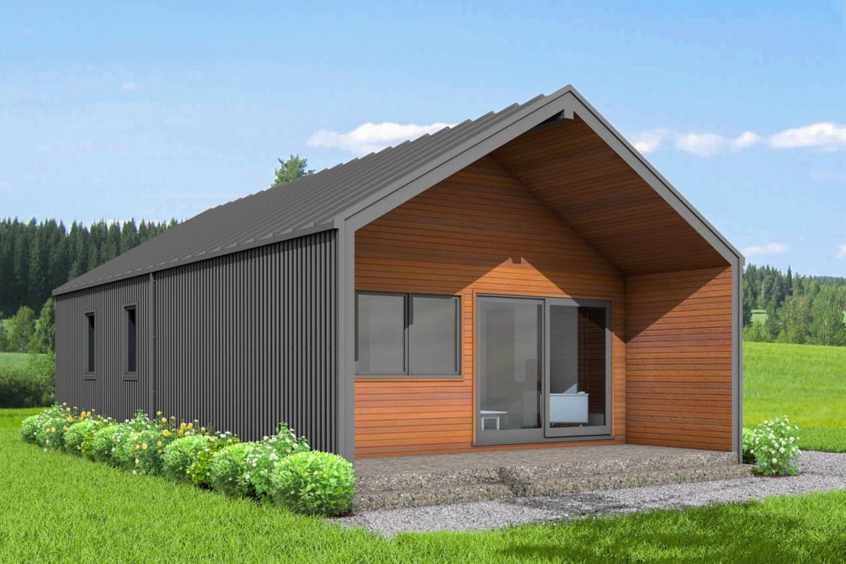 House plan exterior rendering of a modern one-story house with gabled roof, wood siding, and vertical metal panels.