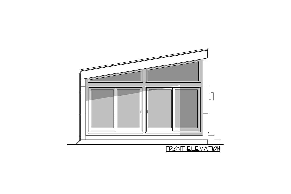 Front elevation drawing showing a modern house plan with a sloped roof and extensive glazing.