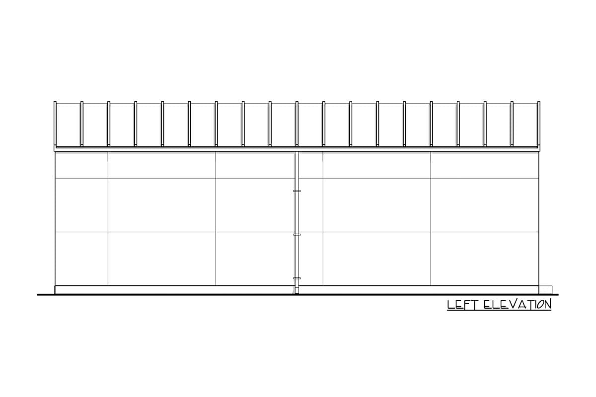 Left elevation drawing of a house plan showing a large wall with a railing on top.