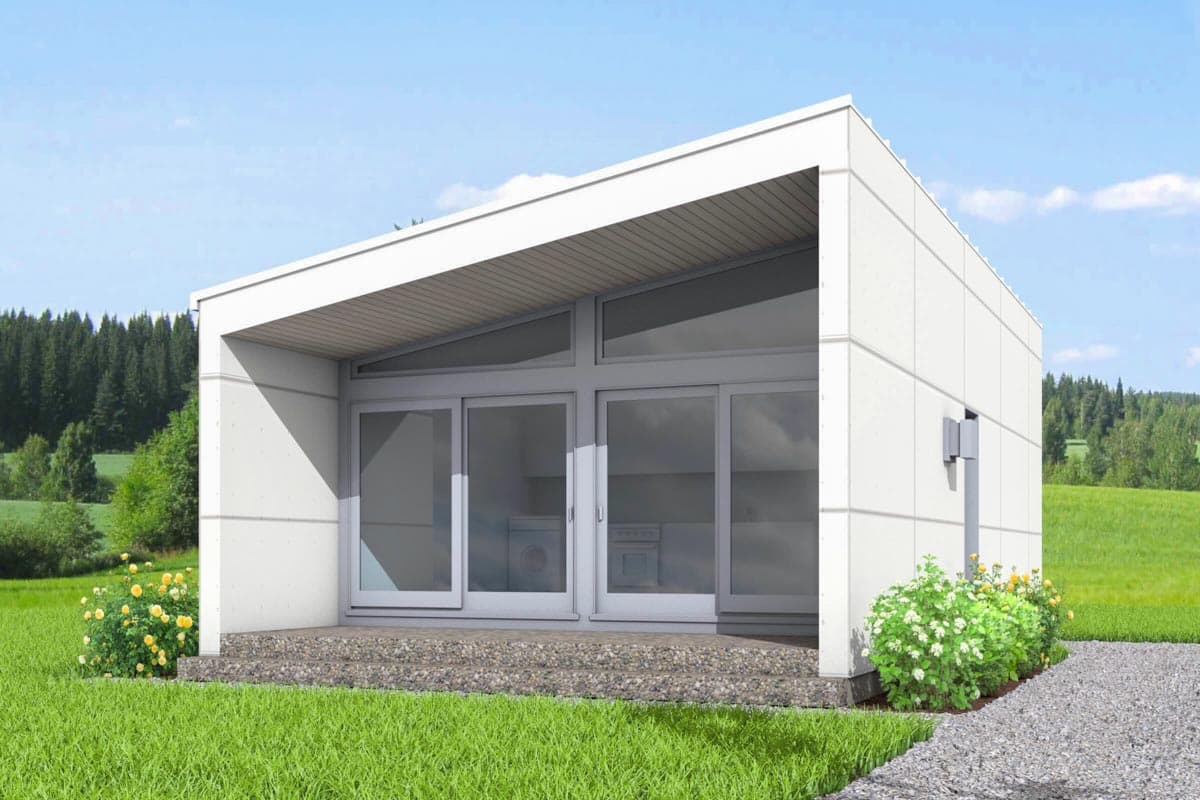 House plan exterior. Modern style with a single story. Features include a covered porch, large glass sliding doors, and a flat roofline.