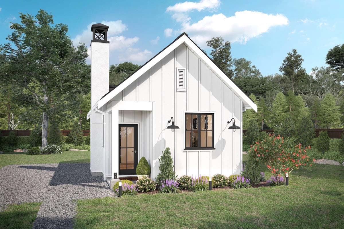 House plan exterior with board and batten siding, a gable roof, and a prominent chimney. Includes a small front porch and sconce lighting.