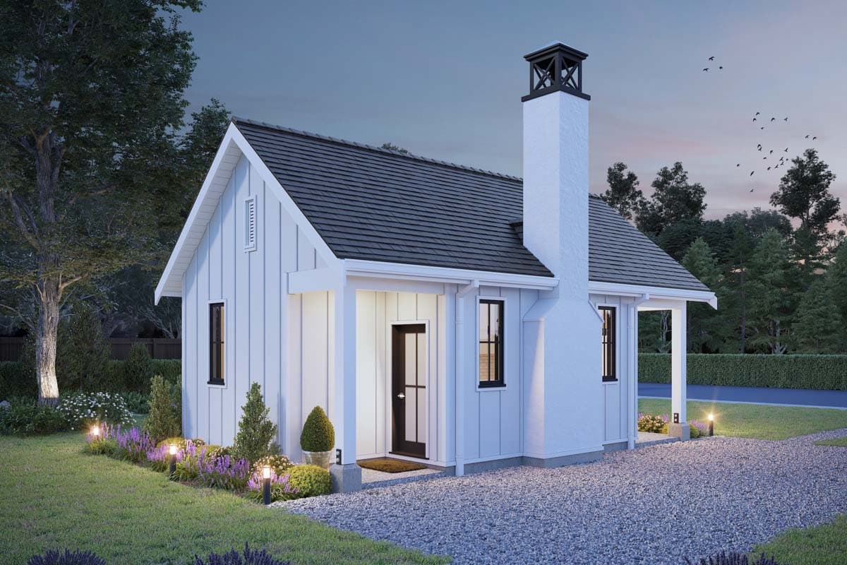 House plan exterior: Modern Farmhouse style, two stories, prominent chimney, covered entry, and gable roof.