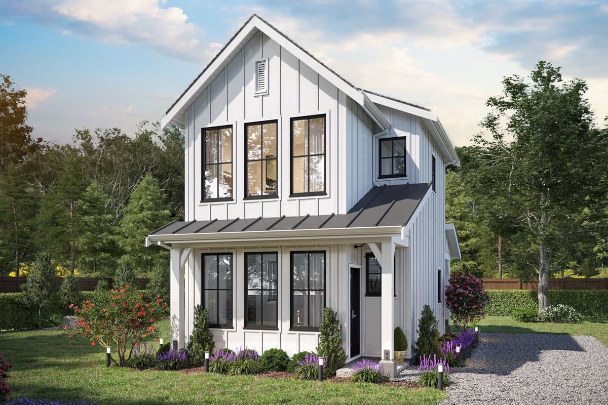 House plan exterior featuring a two-story Modern Farmhouse design. Includes a gabled roof, a small porch, and black-framed windows.