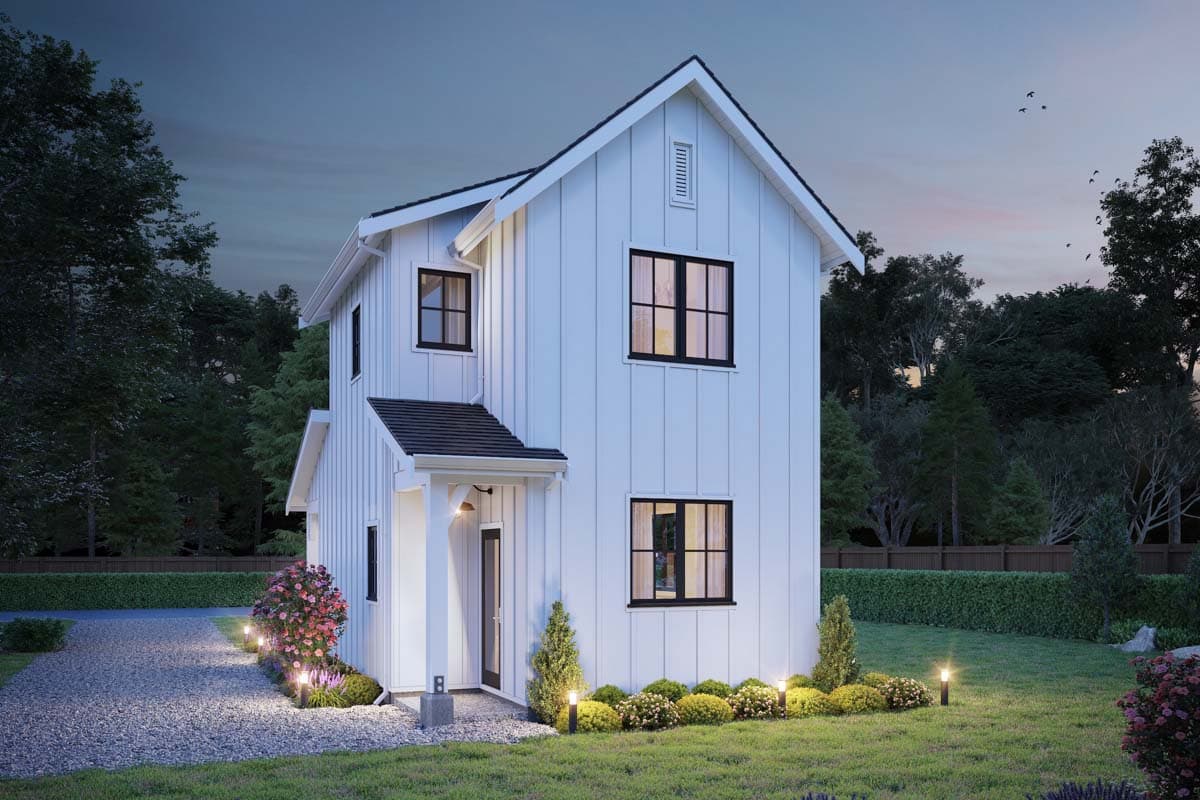 Modern Farmhouse style house plan exterior with vertical siding, gable roof, and a small covered entry porch.