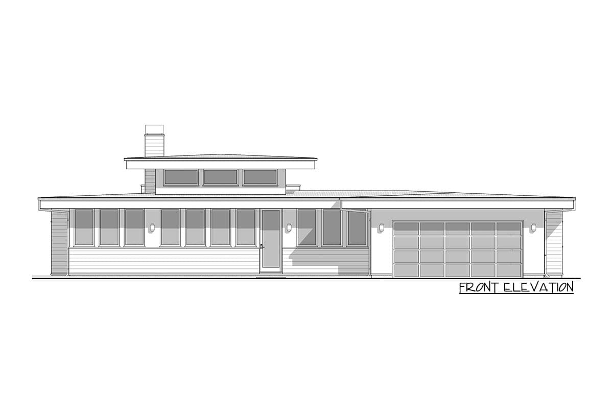 Front elevation of a one-story house plan with a central entry, ribbon windows, and attached garage.
