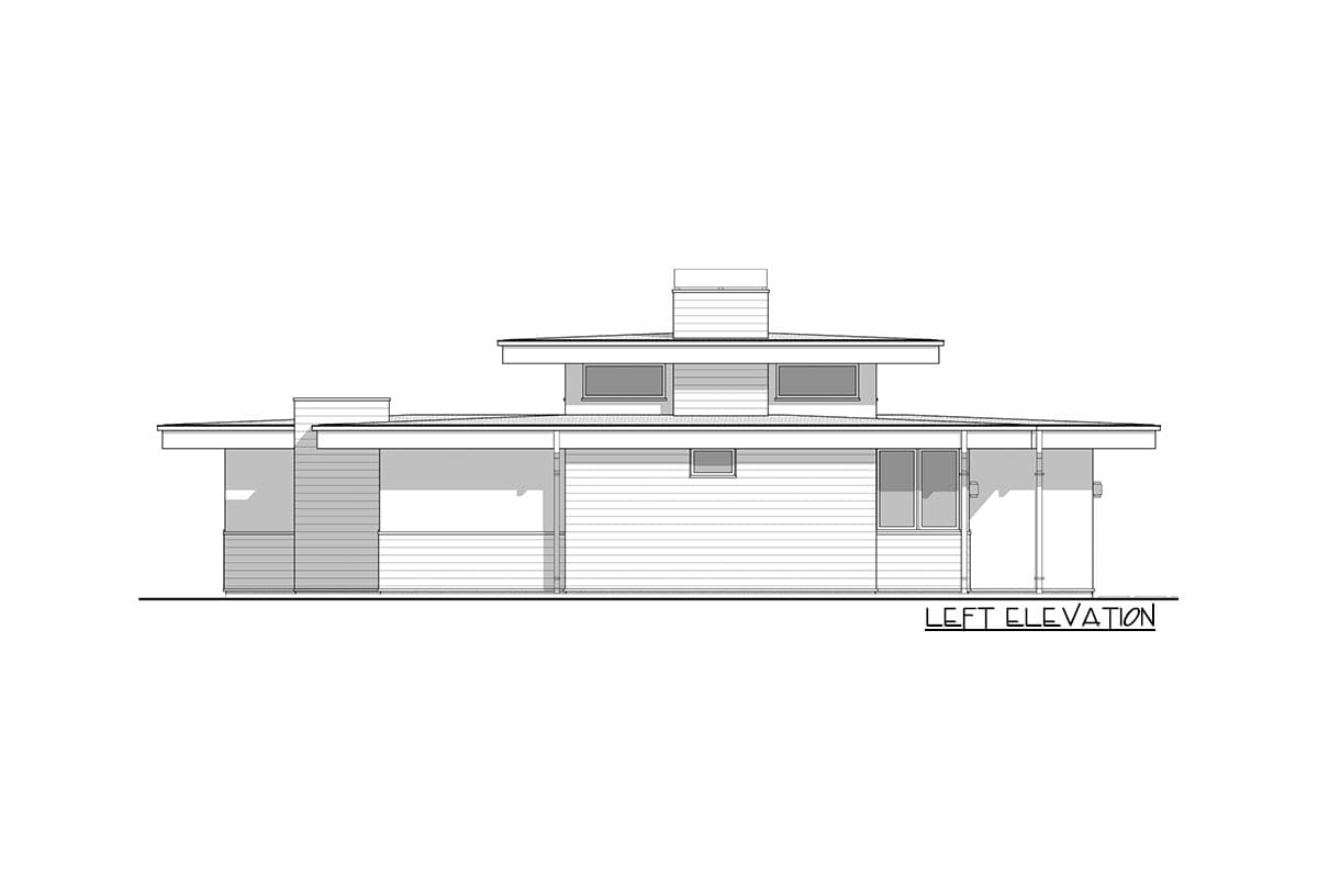 Left elevation of a house plan with a low-pitched roof, horizontal siding, and a covered porch.