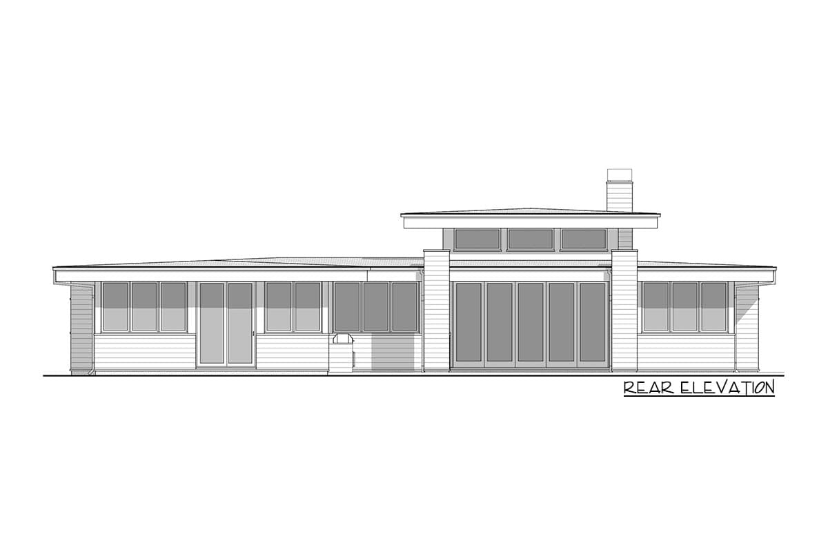 Rear elevation of a single-story house plan featuring a flat roof, horizontal siding, and extensive window banks.