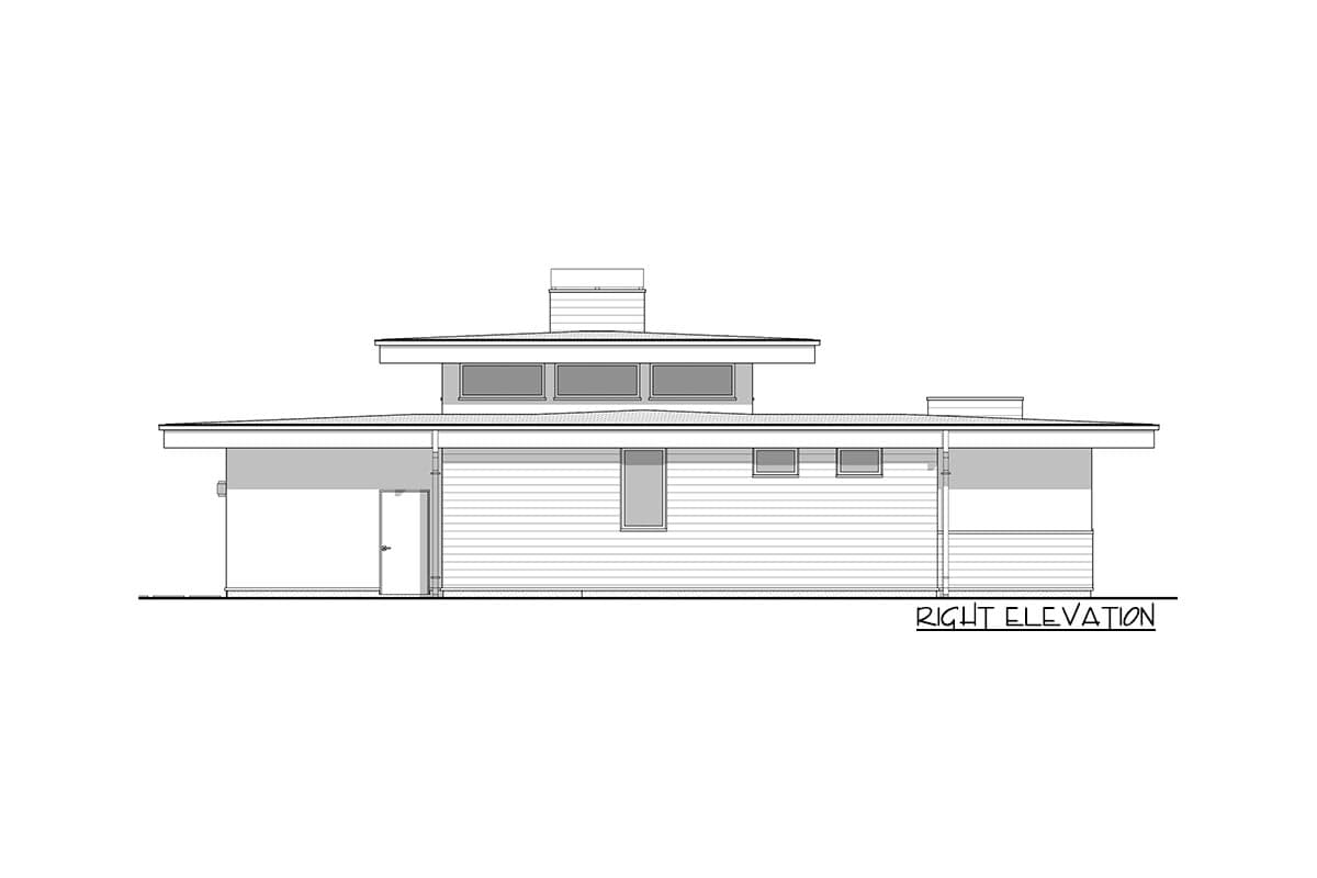 Right elevation house plan shows a modern style with a low-pitched roof, horizontal siding, and a chimney.