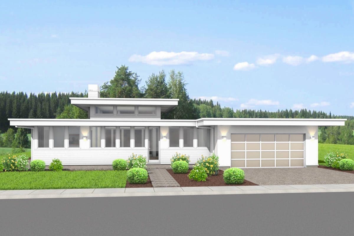 House plan exterior featuring a single-story, modern-style design with a flat roof, large windows, and an attached garage.