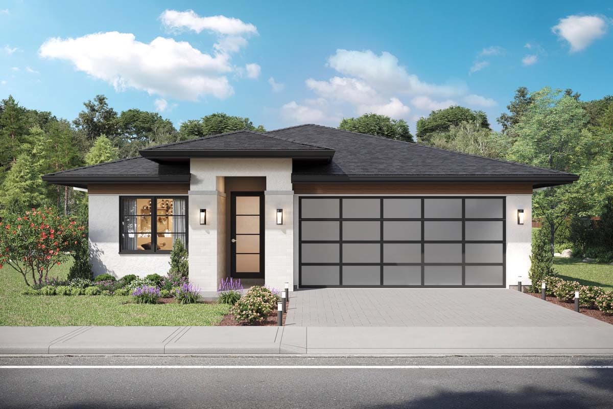 House plan exterior featuring a modern design, flat roof, and a glass-paneled garage door. Includes a brick facade and dark-framed windows.