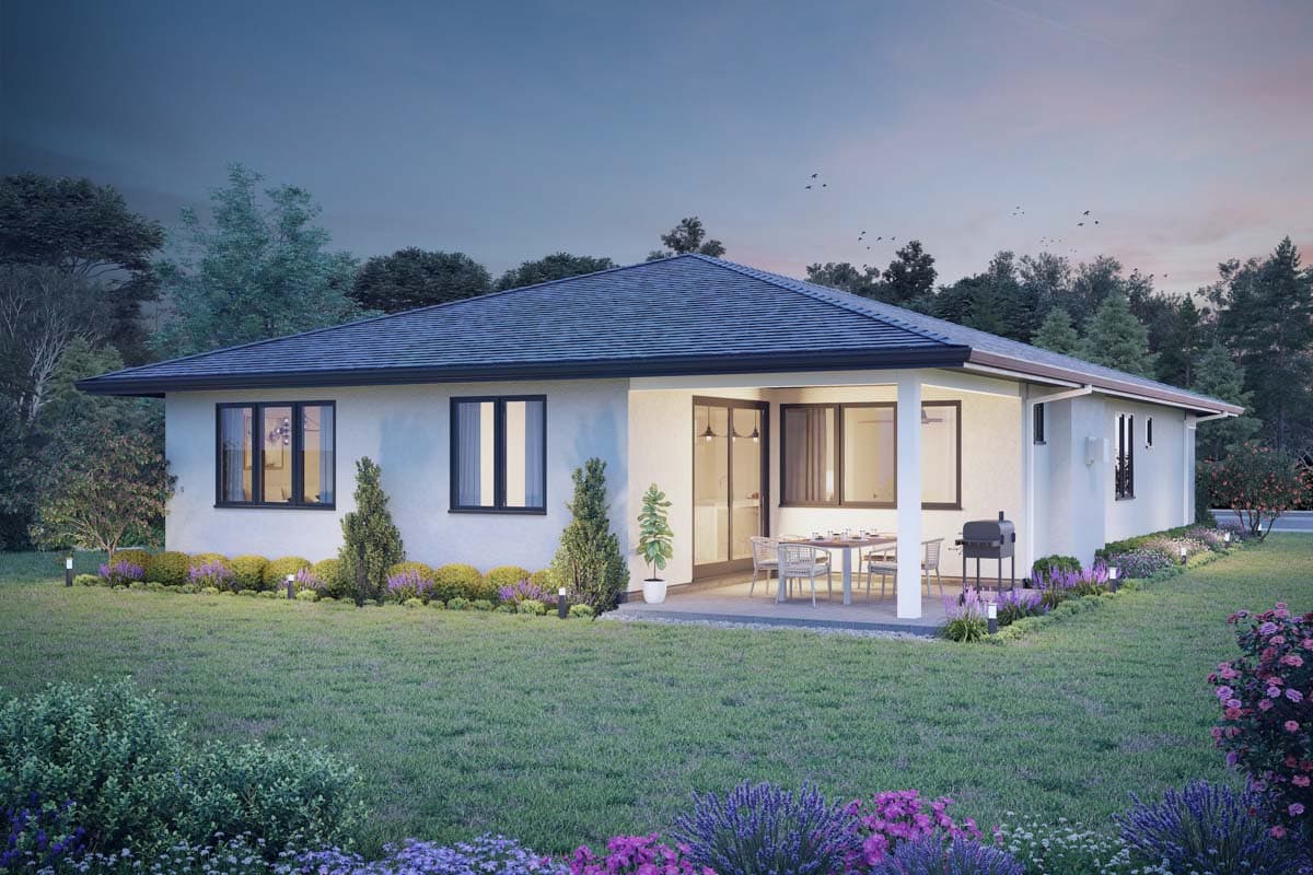 One-story house plan exterior with covered patio, outdoor dining, and large windows.