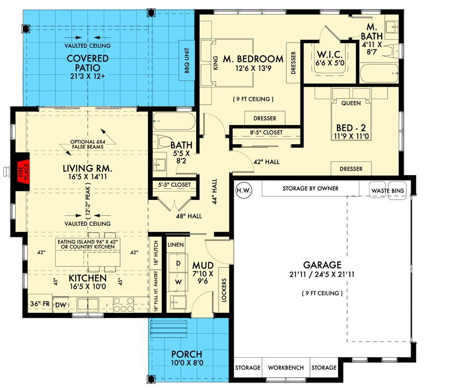 Plan 677014NWL: Vaulted Modern Farmhouse with Open Concept Interior - 1200 Sq Ft - Floor Plan - Main Level - Country, Craftsman, Modern Farmhouse, New American, Ranch