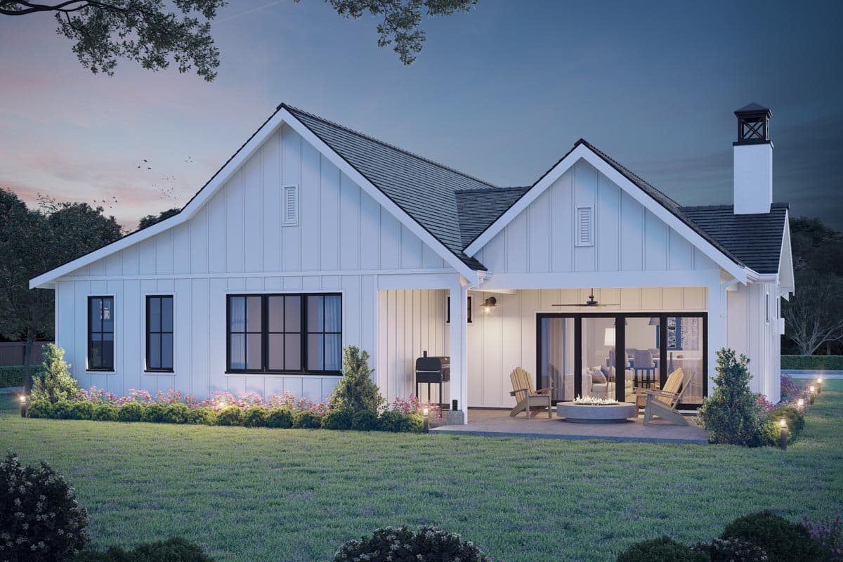 Modern Farmhouse house plan exterior with board and batten siding, gables, covered porch, and large windows.