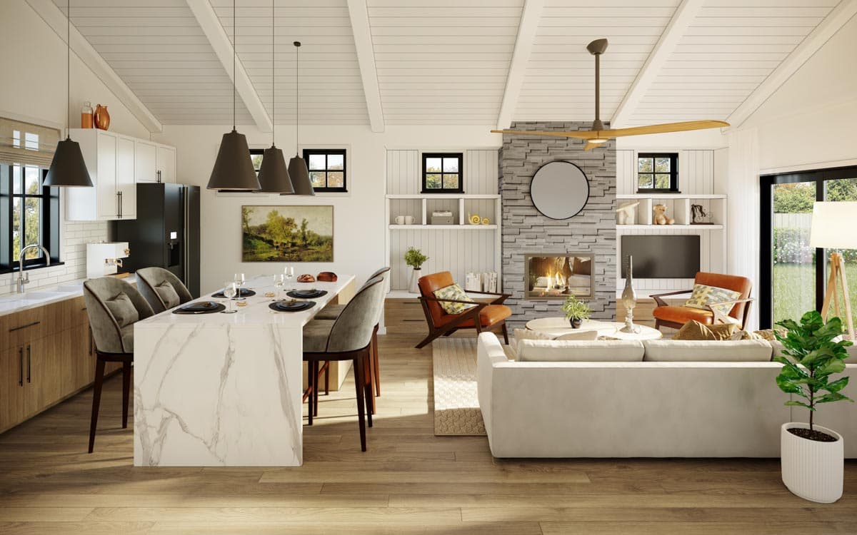 Open-concept living area with vaulted beamed ceiling, stone fireplace, island seating, and kitchen.