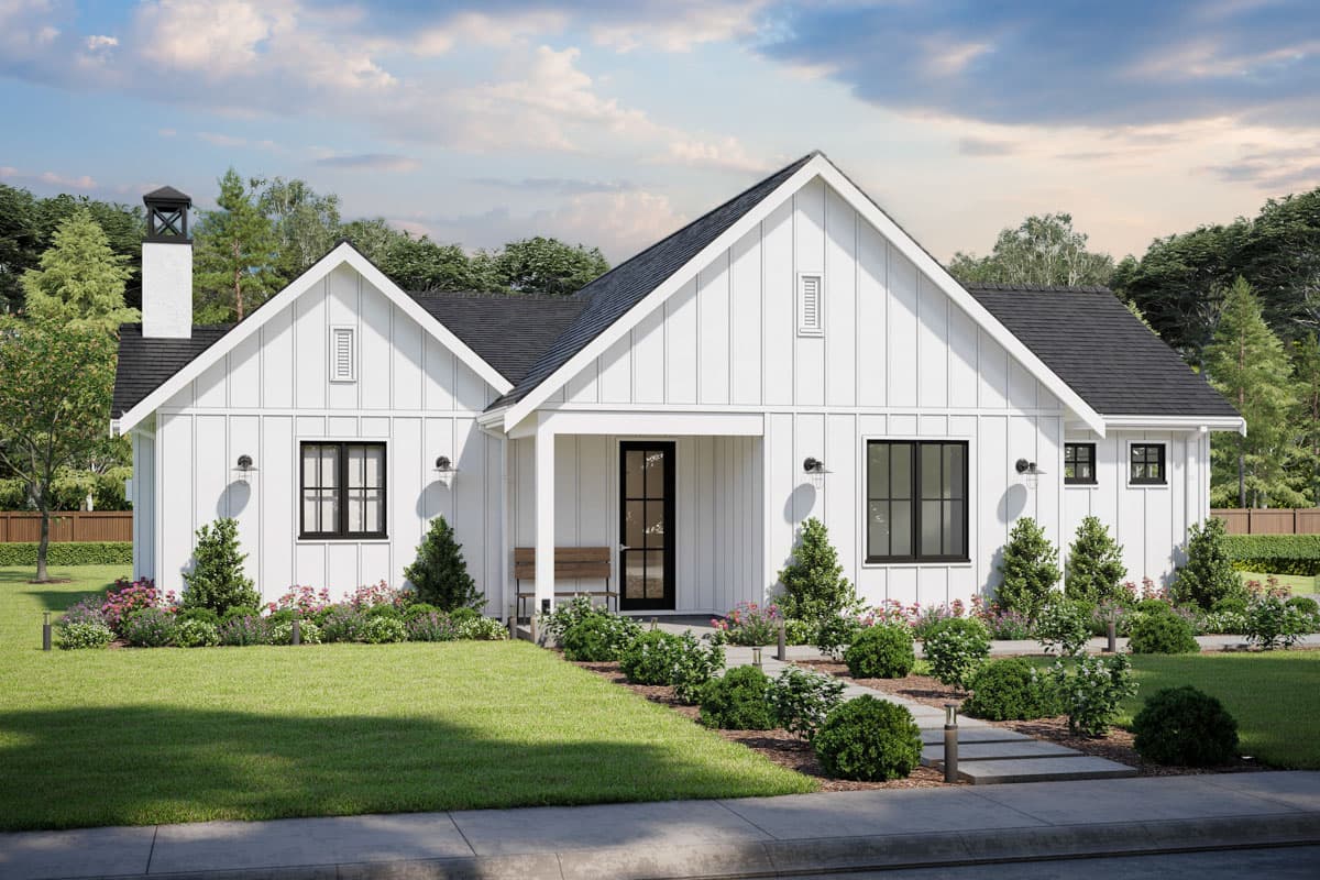 House plan exterior. Modern Farmhouse style, single story. Features include gabled roof, board-and-batten siding, and a covered porch.