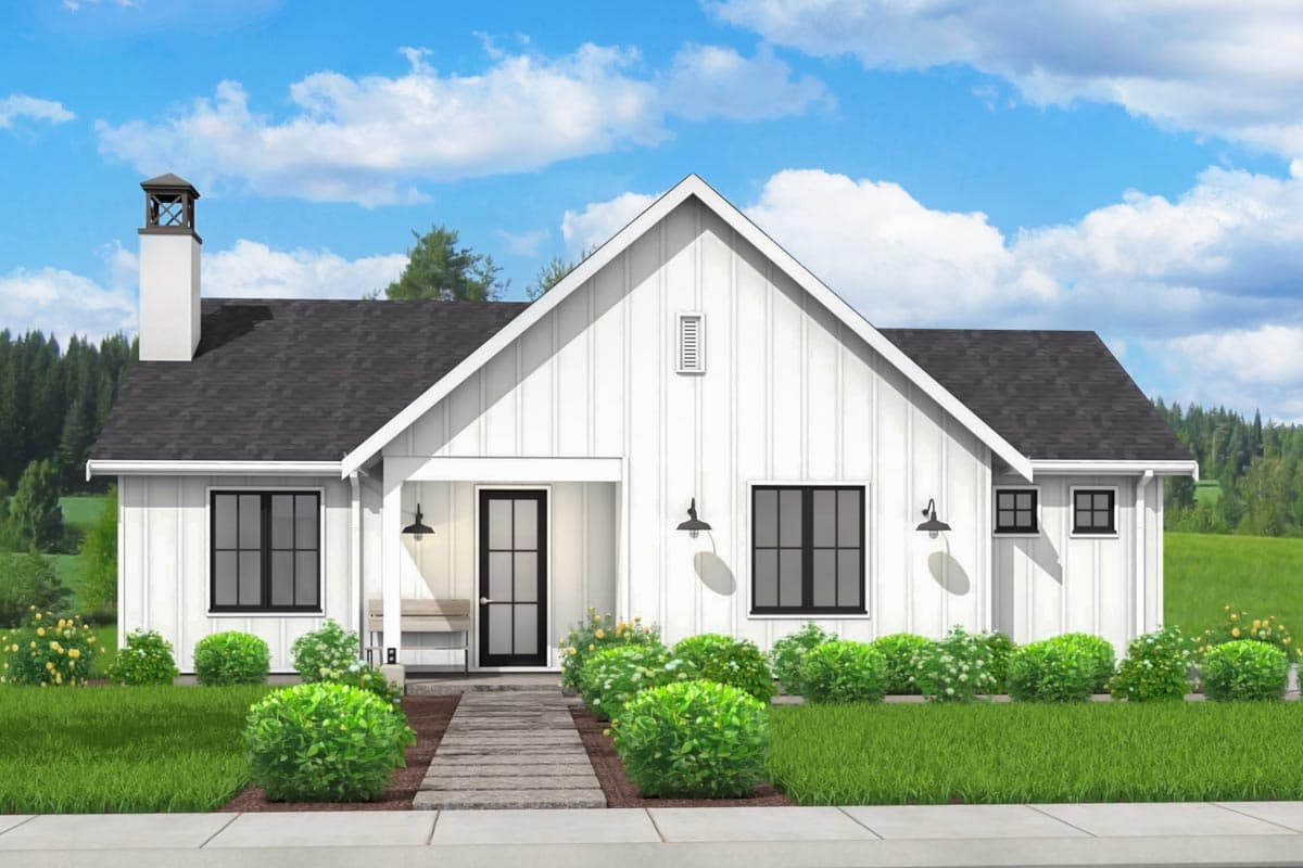 Modern Farmhouse house plan exterior with a prominent gable, board-and-batten siding, covered entry, and large windows.