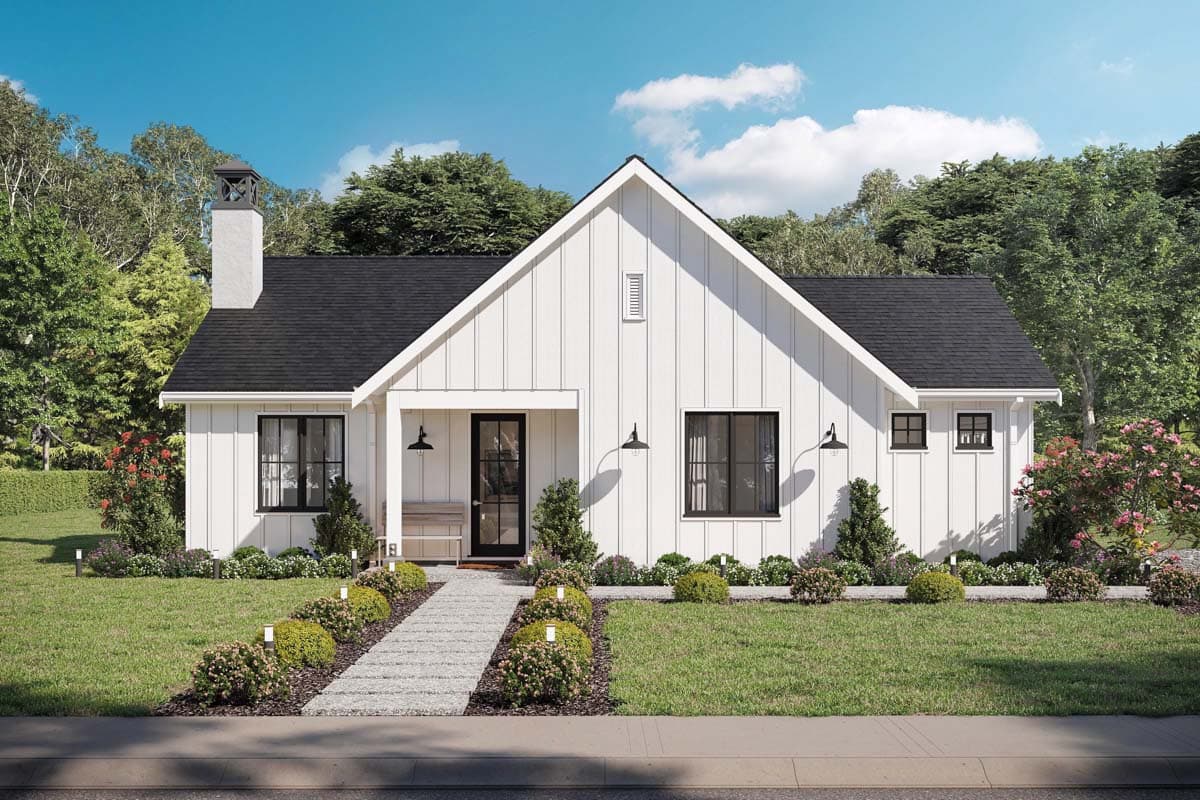 House plan exterior. Modern farmhouse style with one story. Features include a gabled roof, board and batten siding, and a small porch with bench.