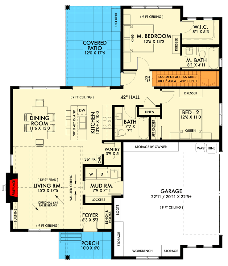 Plan 677015NWL: Simple Yet Sophisticated Modern Farmhouse Design with 2 Bedrooms - Floor Plan - Main Level - Basement Version - Modern Farmhouse, New American, Ranch