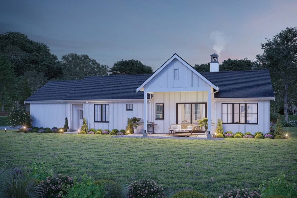 Modern Farmhouse house plan exterior with board-and-batten siding, a covered porch, and a prominent gable.