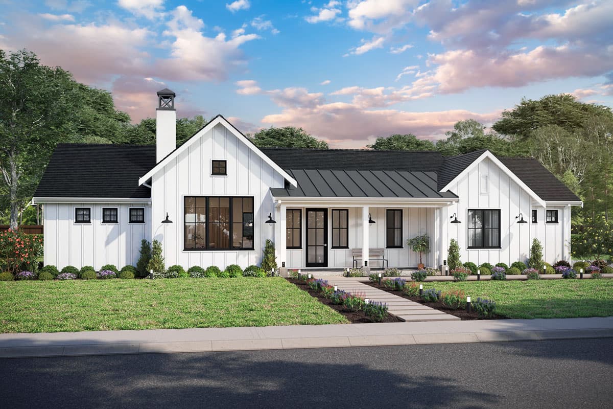 House plan exterior. Modern Farmhouse style with board-and-batten siding. Features include a front porch, gables, and a prominent chimney.